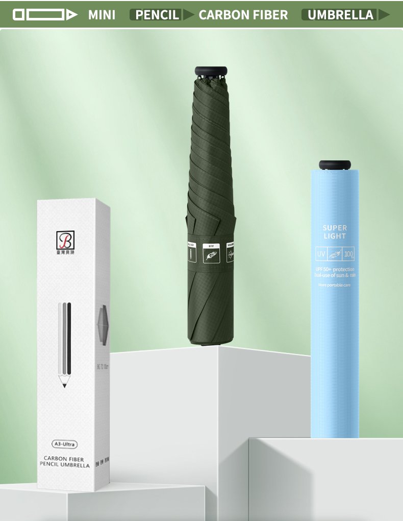 超軽量カーボン骨 ペンシル傘 三つ折り傘 UPF50+ UV カット ナノブラックコーティング 晴雨兼用 レディース携帯傘 - 画像 (6)
